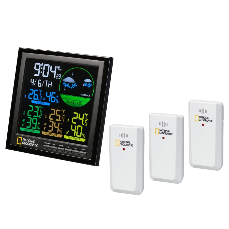 Bresser National Geographic Colour LCD Weather Station with 3 Sensors – Accurate Forecast & Monitoring