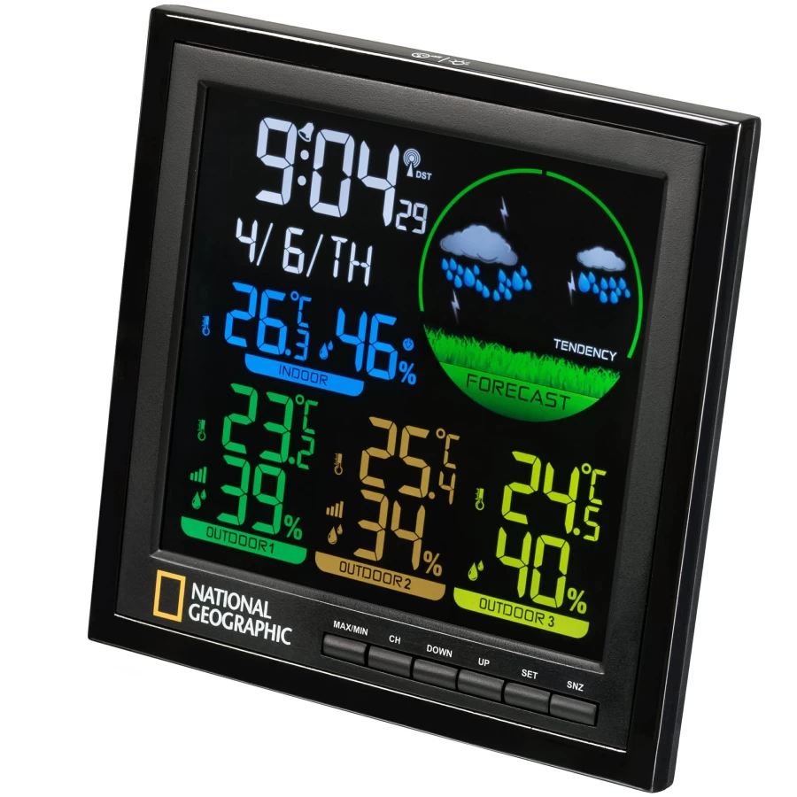 Bresser National Geographic Colour LCD Weather Station with 3 Sensors – Accurate Forecast & Monitoring