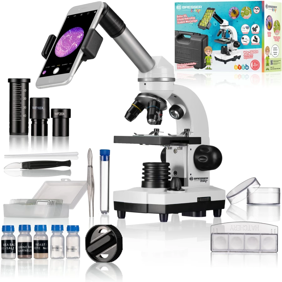 Bresser Junior Biolux Sel Student Microscope with Hard Case | Portable Kids Science Lab Tool | 40x-1024x Magnification | LED Illumination | Durable Shell for School & Home Use