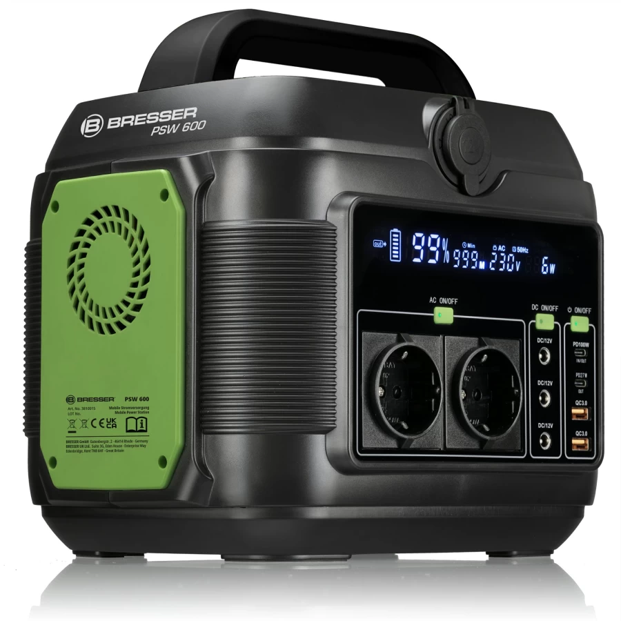 Bresser 600W Portable Power Station with 90W Solar Panel | Compact Solar Generator for Camping & Emergencies