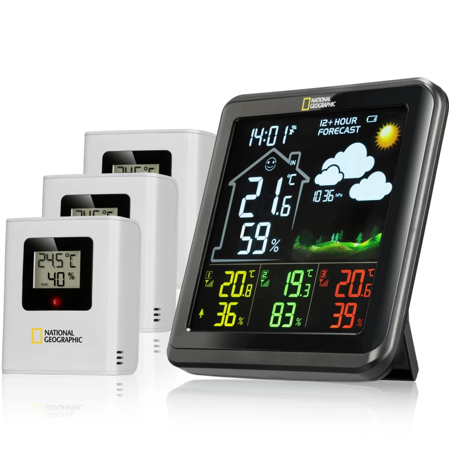Bresser National Geographic VA Colour LCD Weather Station with 3 Sensors for Accurate Forecasts